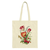 Floral Tote Bag, Vintage Tulips, Strawberry Design, Botanical Art Tote, Everyday Carry Bag, Stylish Market Tote, Gift for Her, Grocery Bag - Tawshia
